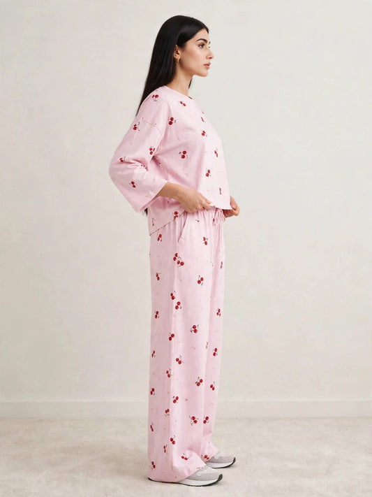 Women's Premium Barbary Fabric Sleepwear Set – Loose Trouser & Short Tee