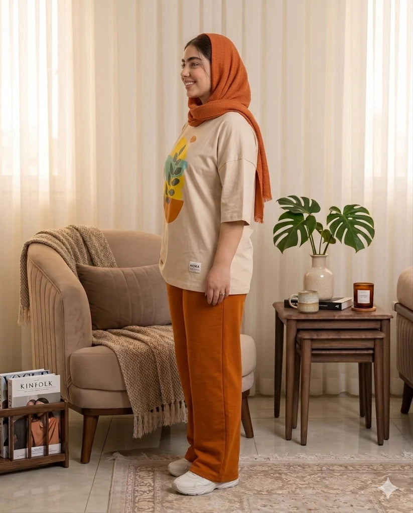 SUNSET LEAF PRINTED NIGHT SUIT- BIEGE