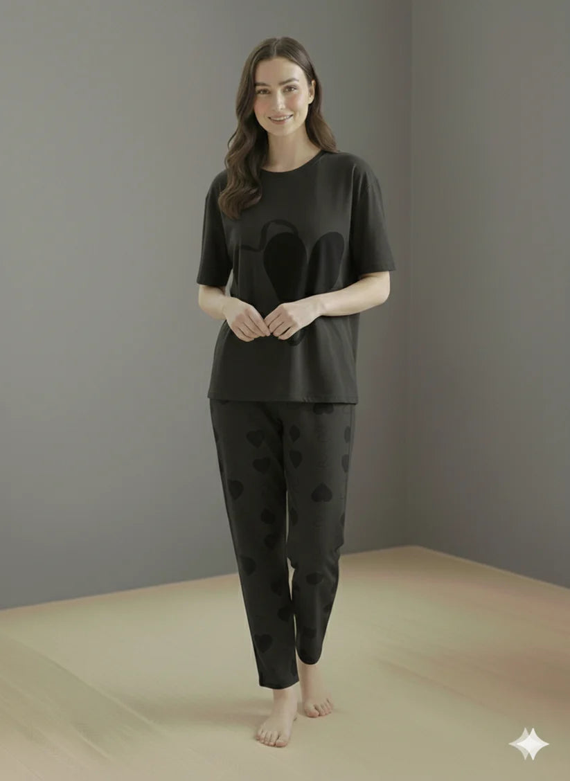 SR-DOUBLE HEARTS PRINTED NIGHT SUIT - GREY