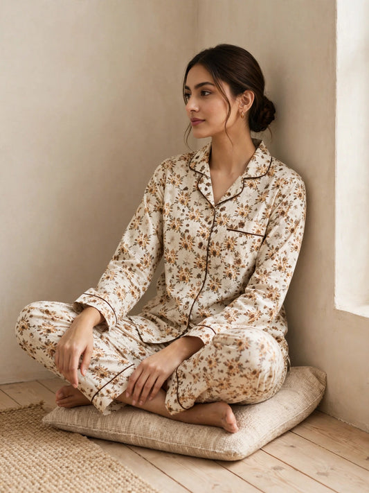 Digital Printed Button-Down Night Suit PNS-014 - Beige Mustard Ditsy