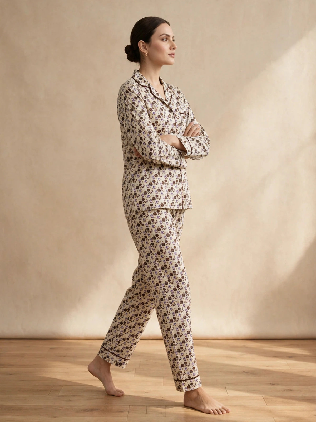 Digital Printed Button-Down Night Suit PNS-016 - Cream Tiny Brown Floral