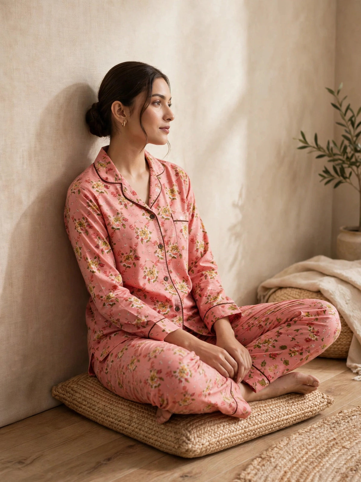Digital Printed Button-Down Night Suit PNS-013 - Coral Peach Floral