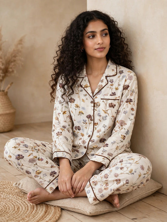 Digital Printed Button-Down Night Suit PNS-011 - Cream Wildflower