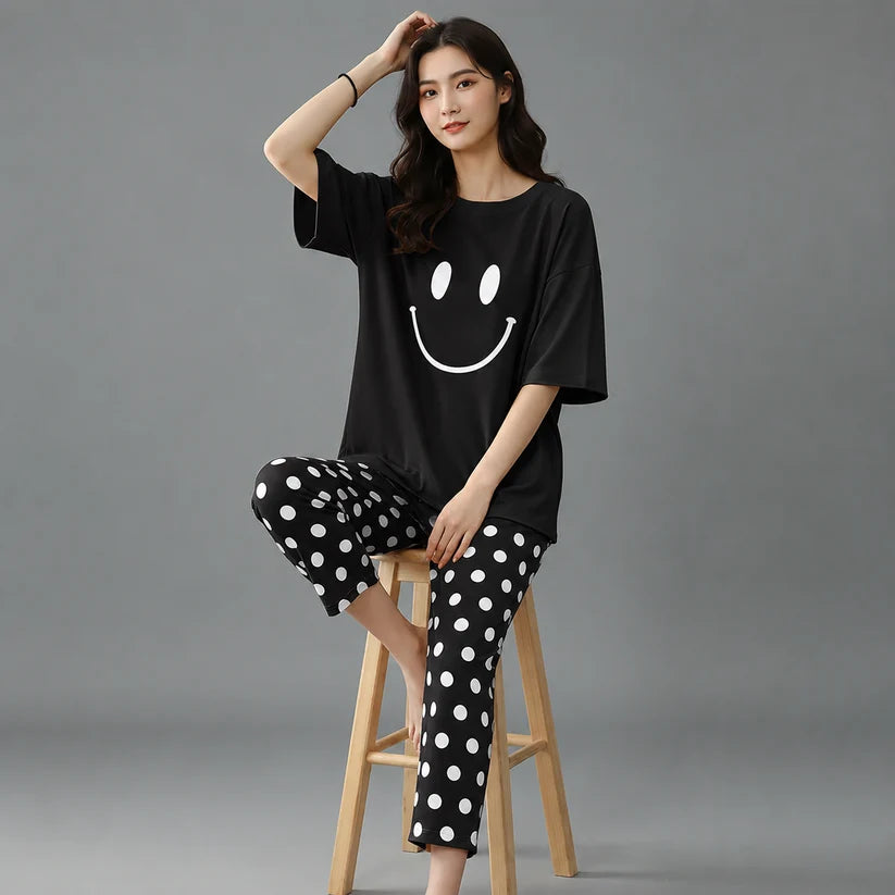 BLACK SMILEY STARE DOT PRINTED NIGHT SUIT