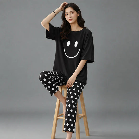 BLACK SMILEY STARE DOT PRINTED NIGHT SUIT
