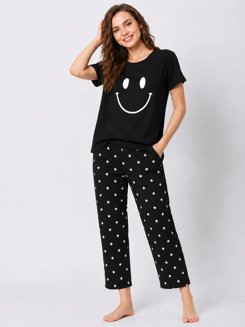 BLACK SMILEY STARE DOT PRINTED NIGHT SUIT