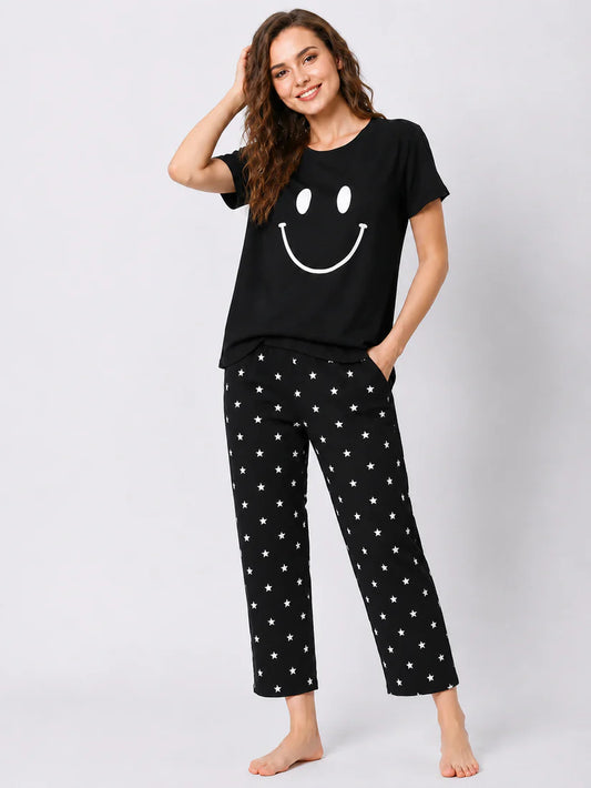 BLACK SMILEY STARE DOT PRINTED NIGHT SUIT