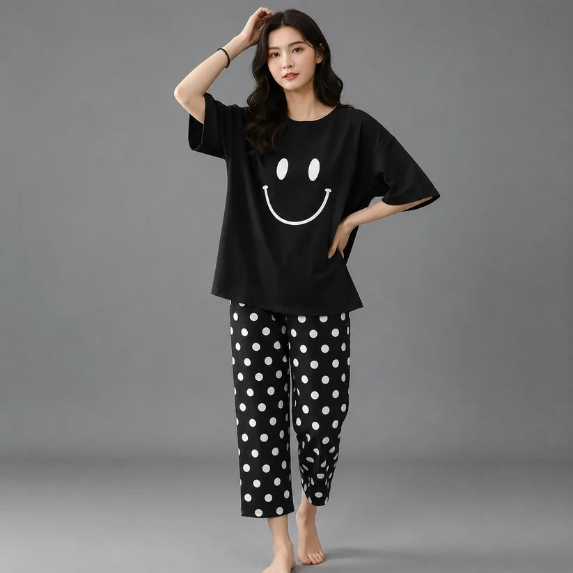 BLACK SMILEY STARE DOT PRINTED NIGHT SUIT