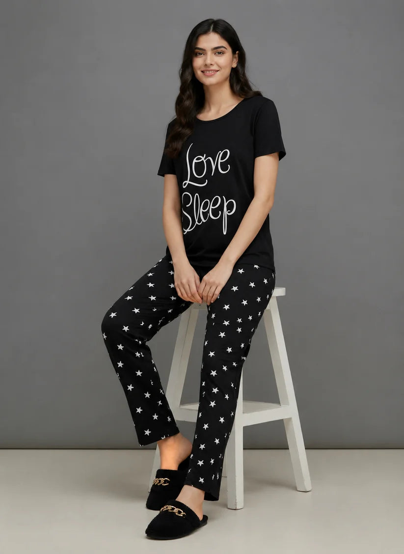 BLACK LOVE SLEEP PRINTED NIGHT SUIT