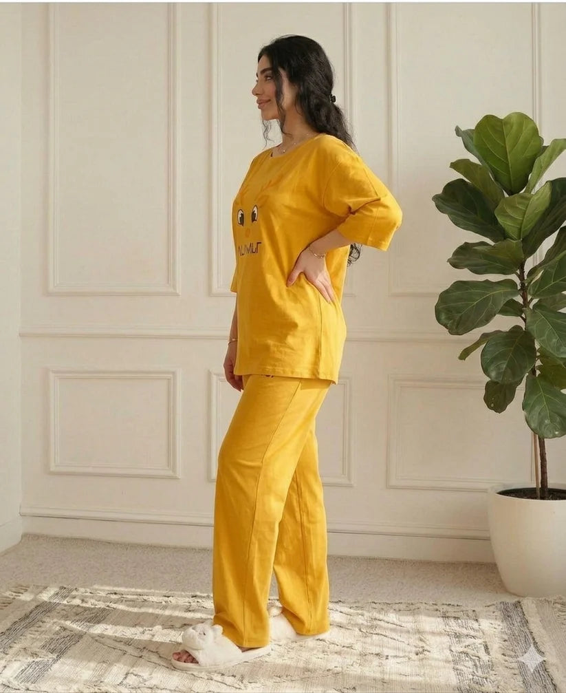 HAPPY FACE PRINTED NIGHT SUIT-YELLOW