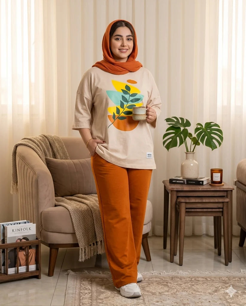 SUNSET LEAF PRINTED NIGHT SUIT- BIEGE