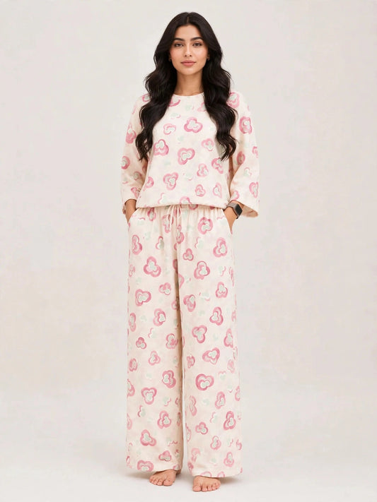 Women's Premium Barbary Fabric Sleepwear Set – Loose Trouser & Short Tee