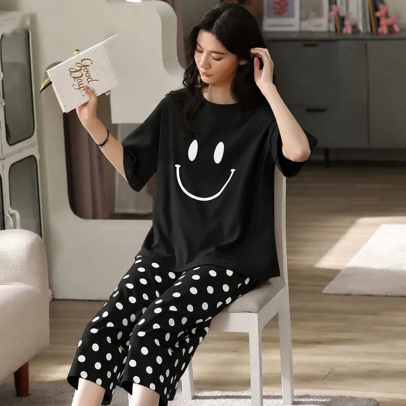 BLACK SMILEY STARE DOT PRINTED NIGHT SUIT