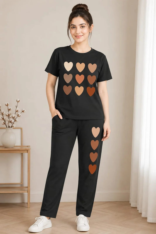 BROWN HEARTS PRINTED NIGHT SUIT BLACK