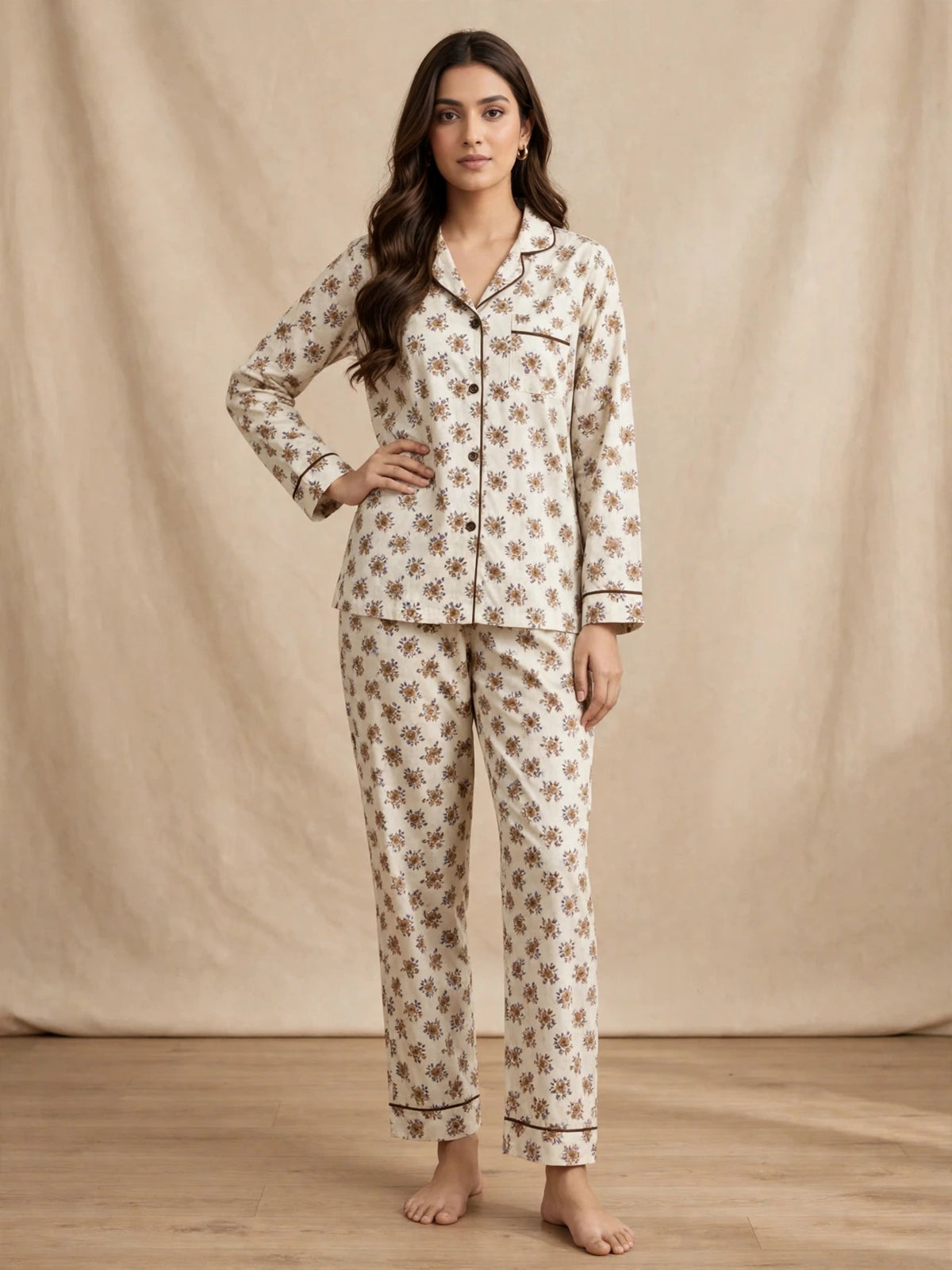 Digital Printed Button-Down Night Suit PNS-016 - Cream Tiny Brown Floral