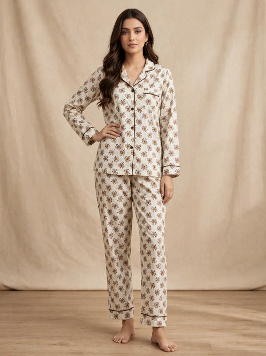 Digital Printed Button-Down Night Suit PNS-016 - Cream Tiny Brown Floral