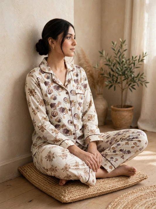 Digital Printed Button-Down Night Suit PNS-017 - Vintage Large Floral