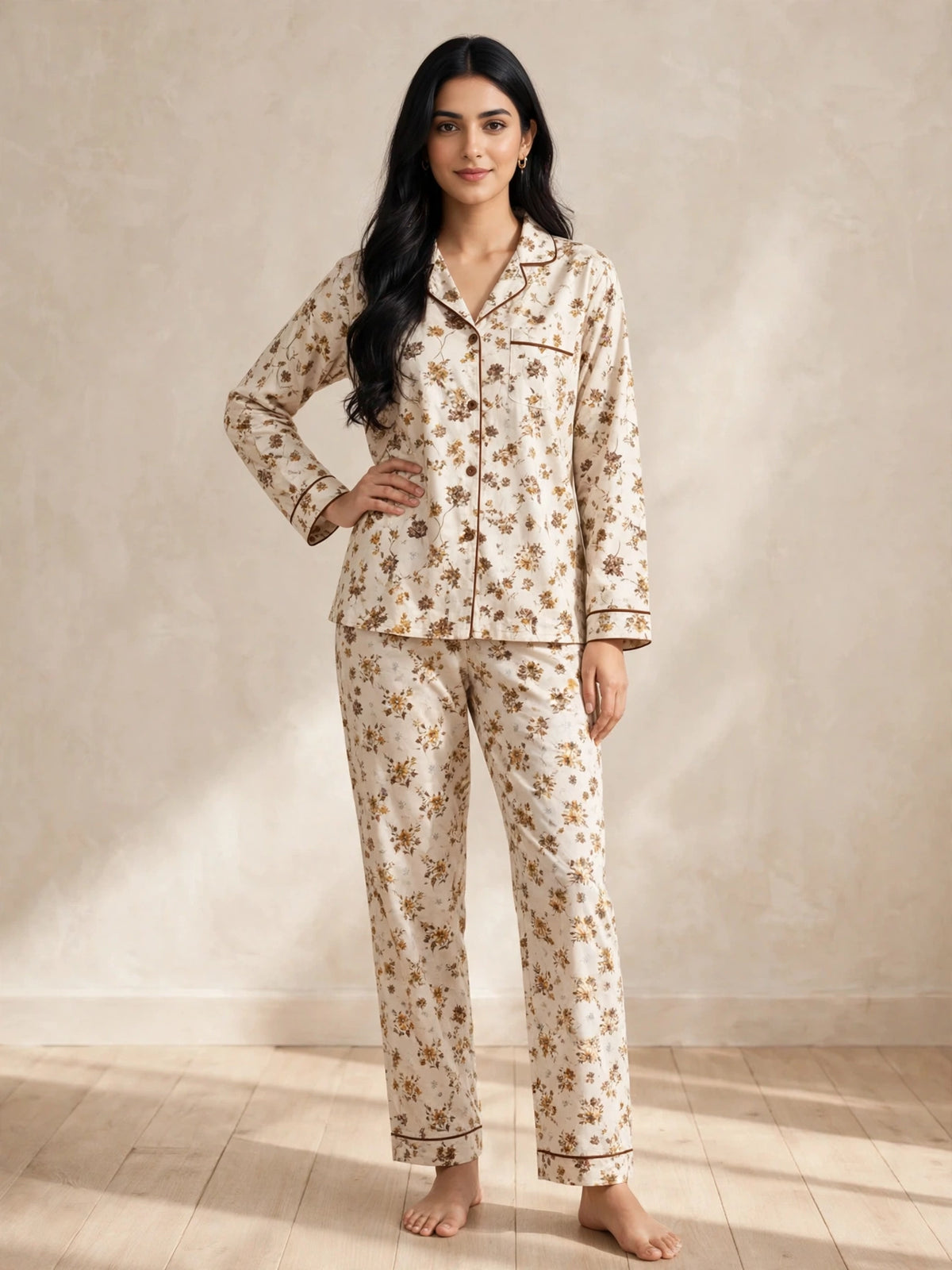 Digital Printed Button-Down Night Suit PNS-014 - Beige Mustard Ditsy