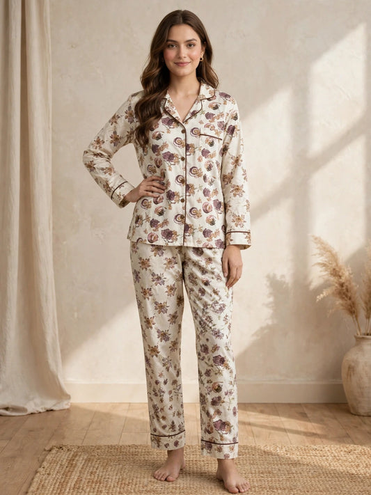 Digital Printed Button-Down Night Suit PNS-017 - Vintage Large Floral