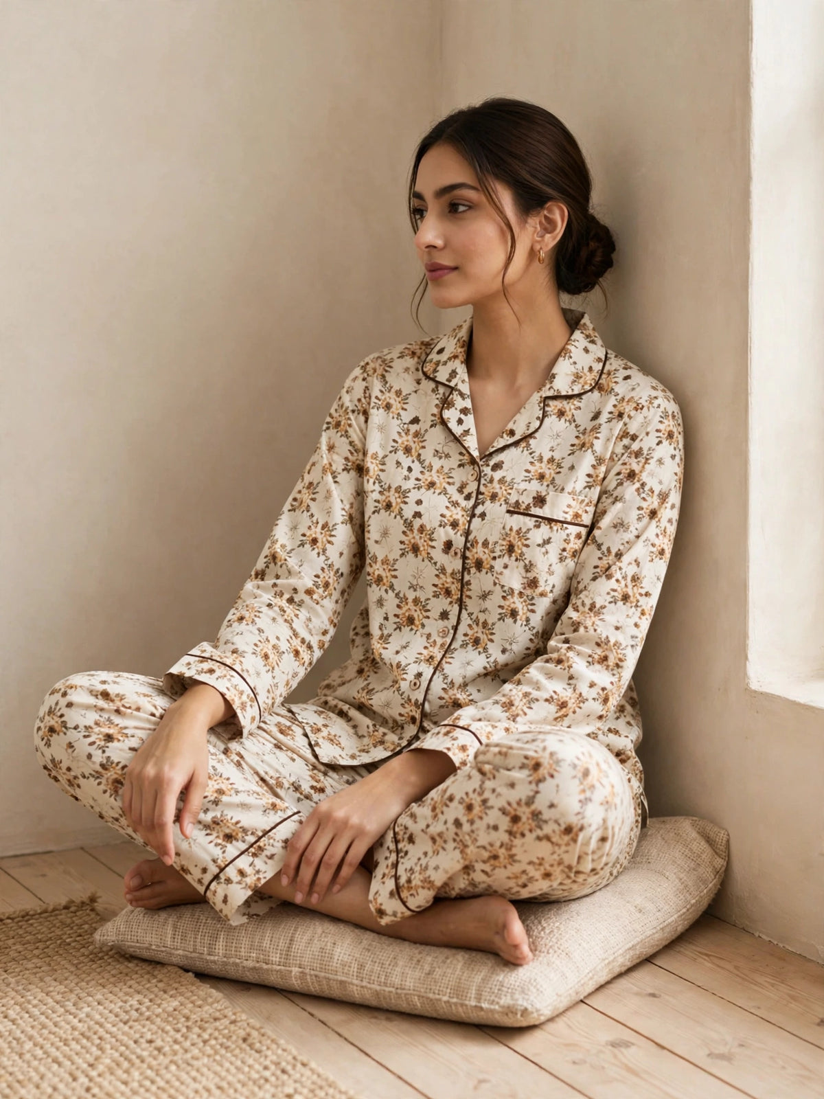 Digital Printed Button-Down Night Suit PNS-014 - Beige Mustard Ditsy