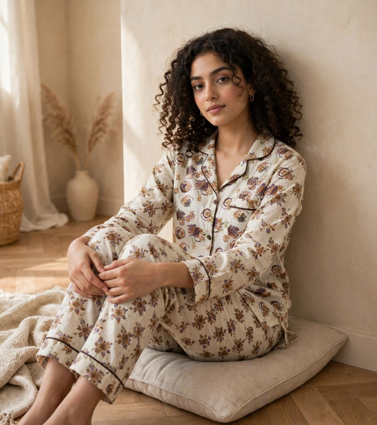 Digital Printed Button-Down Night Suit PNS-016 - Cream Tiny Brown Floral