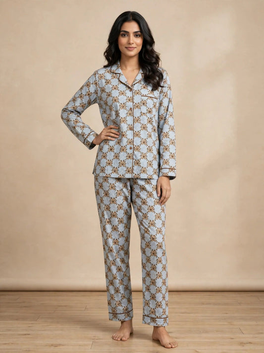 Digital Printed Button-Down Night Suit PNS-015 - Powder Blue Geometric