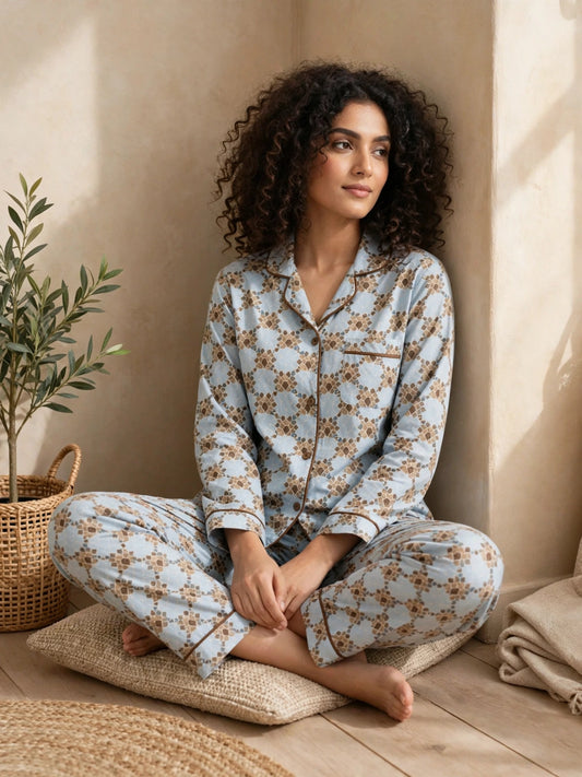 Digital Printed Button-Down Night Suit PNS-015 - Powder Blue Geometric