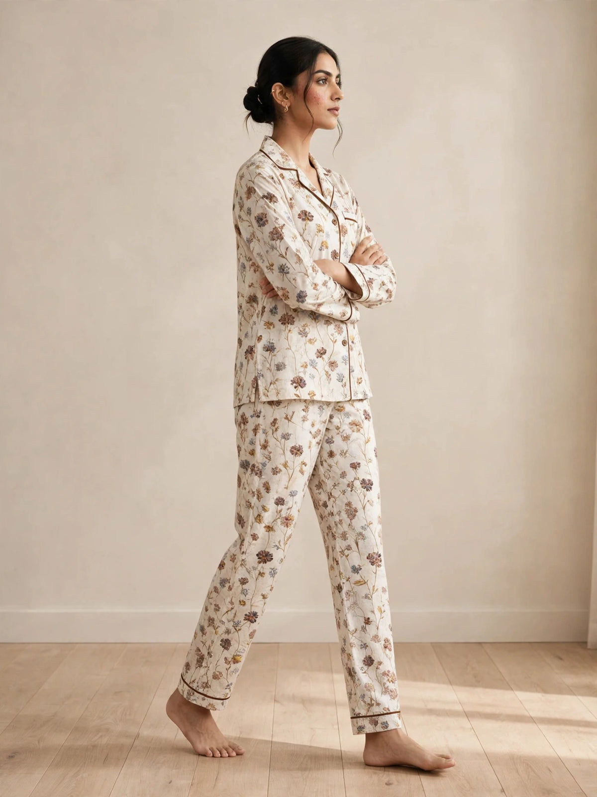 Digital Printed Button-Down Night Suit PNS-011 - Cream Wildflower