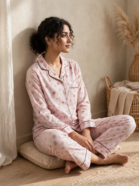 Digital Printed Button-Down Night Suit PNS-012 - Light Pink Ditsy