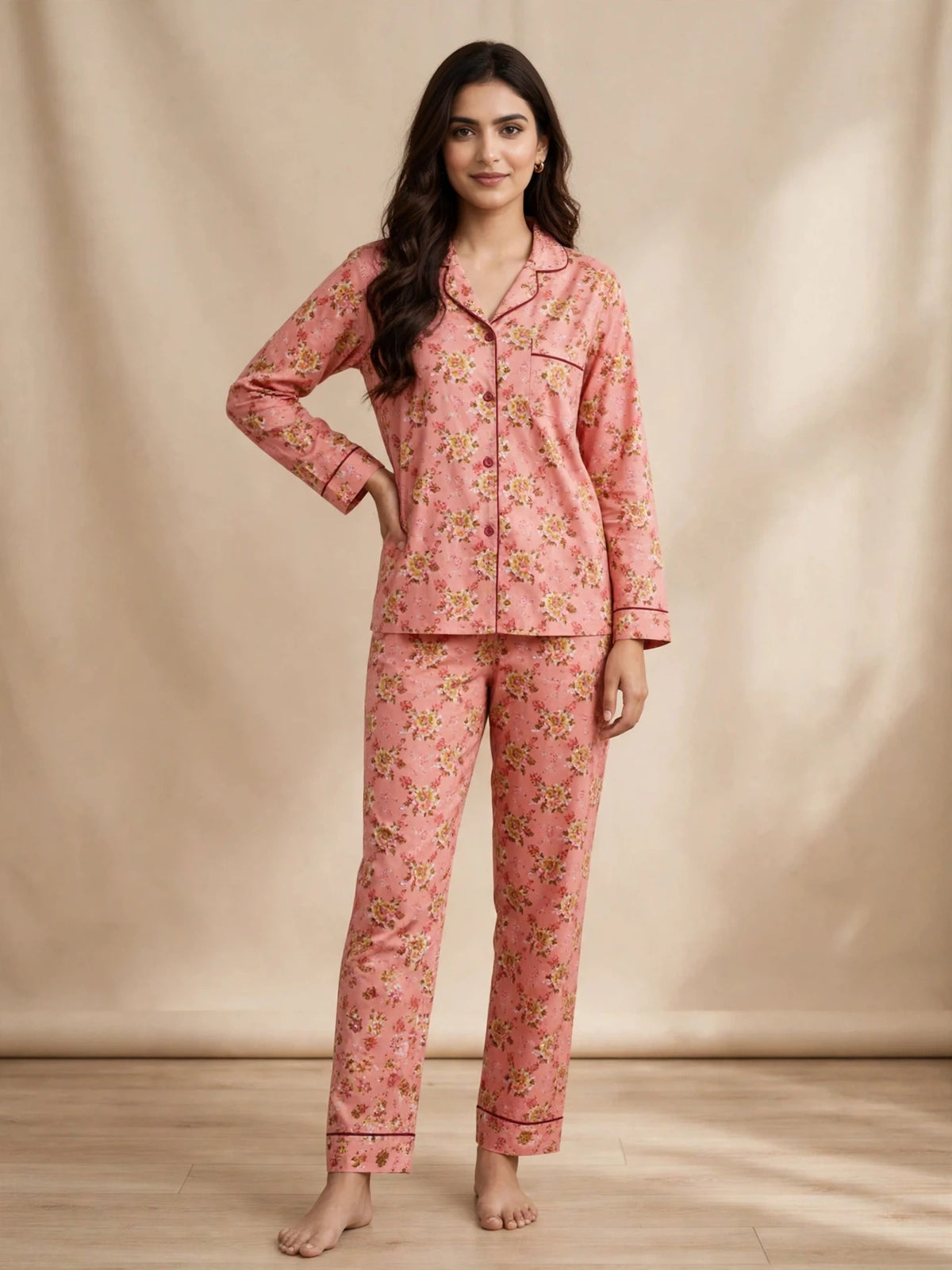 Digital Printed Button-Down Night Suit PNS-013 - Coral Peach Floral