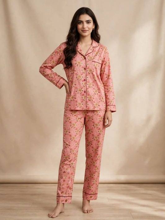 Digital Printed Button-Down Night Suit PNS-013 - Coral Peach Floral