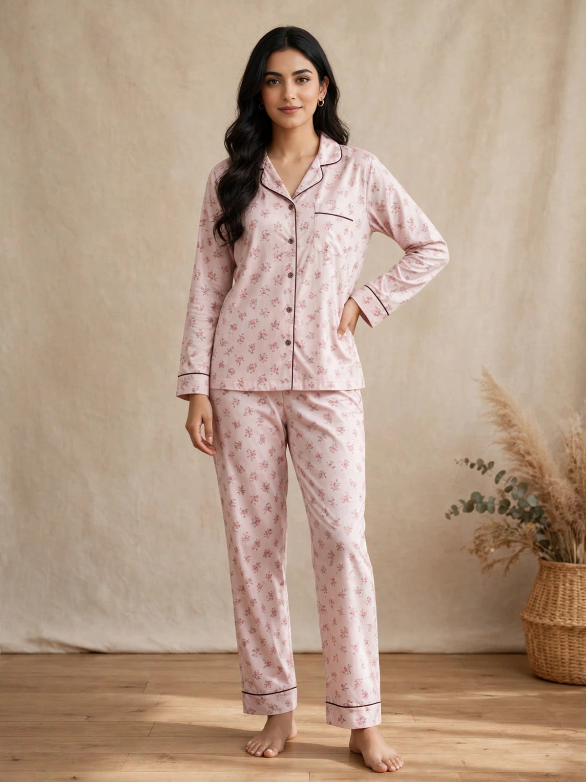 Digital Printed Button-Down Night Suit PNS-012 - Light Pink Ditsy