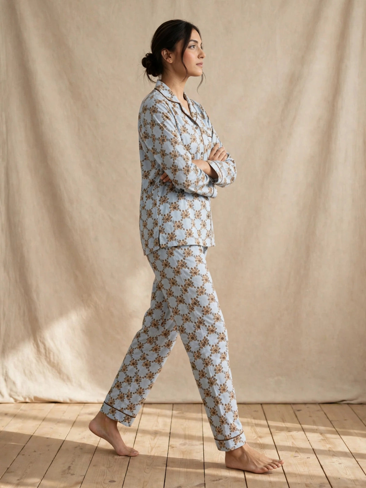 Digital Printed Button-Down Night Suit PNS-015 - Powder Blue Geometric