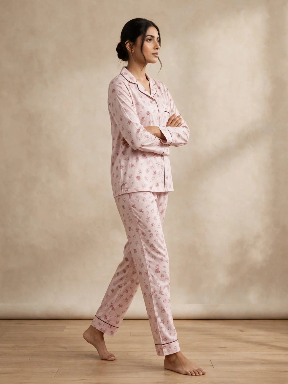 Digital Printed Button-Down Night Suit PNS-012 - Light Pink Ditsy
